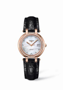 Longines Primaluna Automatic Mother of Pearl Diamonds Dial 18ct Rose Gold Diamonds Bezel Black Leather Watch# L8.113.9.87.2 (Women Watch)