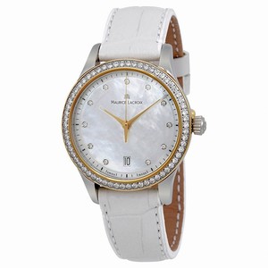 Maurice Lacroix Quartz Mother of Pearl Dial Diamond Bezel White Leather Watch # LC1026-PVY21-170 (Women Watch)
