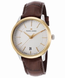 Maurice Lacroix Les Classiques Quartz Date Silver Dial Gold Tone Bezel Brown Leather Watch #LC1117-PVY11-130 (Men Watch)