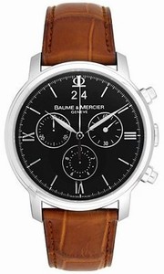 Baume & Mercier Quartz Black Dial Chronograph Brown Leather Watch# MOA08613 (Men Watch)