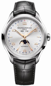Baume & Mercier Automatic Silver Dial Day Date Month Moon Phase Black Leather Watch# MOA10055 (Men Watch)