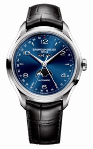 Baume & Mercier Clifton Automatic Blue Dial Day Date Month Moon Phase Black Leather Watch# MOA10057 (Men Watch)