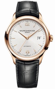 Baume & Mercier Clifton Automatic Silver Dial Date 18 ct Rose Gold Case Black Leather Watch# MOA10058 (Men Watch)