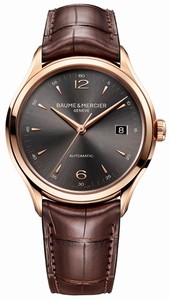 Baume & Mercier Clifton Automatic Gray Dial Date 18ct Rose Gold Case Brown Leather Watch# MOA10059 (Men Watch)