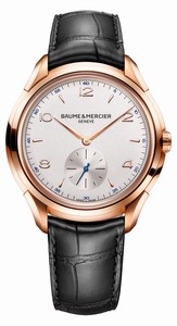 Baume & Mercier Manual Wind Silver Dial Small Second Hand 18ct Rose Gold Case Black Leather Watch# MOA10060 (Men Watch)