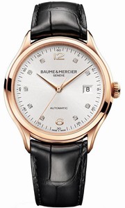 Baume & Mercier Automatic Silver Diamond Dial 18ct Rose Gold Case Black Leather Watch# MOA10104 (Men Watch)