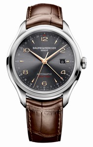 Baume & Mercier Clifton Automatic Gray Dial Dual Time Date Brown Leather Watch# MOA10111 (Men Watch)