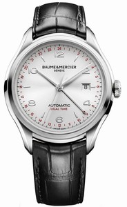 Baume & Mercier Clifton Automatic Silver Dial Dual Time Date Black Leather Watch# MOA10112 (Men Watch)