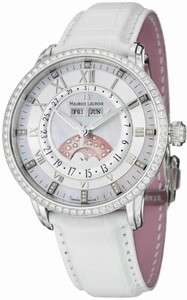Maurice Lacroix Masterpiece Automatic Day Date Month Moon Phase Diamond Bezel White Leather Watch #MP6428-SD501-17E (Women Watch)