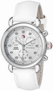 Michele Battery Operated Quartz Polished Stainless Steel White Mother Of Pearl With Diamonds Dial White Patent Leather Band Watch #MWW03M000122 (Women Watch)