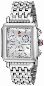 Michele Quartz Polished Stainless Steel White Mother Of Pearl With Diamond Markings And Day-date Sub- At 6 Dial Polished Stainless Steel, Interchangeable Band Watch #MWW06P000014 (Women Watch)
