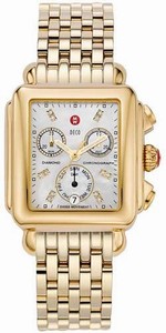 Michele Battery Operated Quartz Polished Yellow Gold Tone White Mother Of Pearl Diamond Dial Polished Yellow Gold Tone Band Watch #MWW06P000016 (Women Watch)