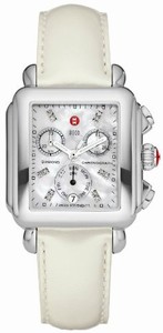Michele Battery Operated Quartz Brushed With Polished Stainless Steel White Mother Of Pearl Diamond Dial White Patent Leather Band Watch #MWW06P000023 (Women Watch)