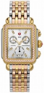 Michele Battery Operated Quartz Polished Yellow And Rose Gold Tone With Steel White Mother Of Pearl Diamond Dial Polished Yellow And Rose Gold Tone With Steel Band Watch #MWW06P000077 (Women Watch)