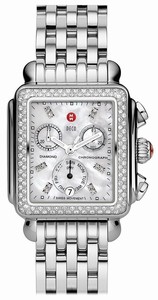 Michele Quartz Polished Stainless Steel White Mother Of Pearl With Diamond Hour Markers Dial Polished Stainless Steel Band Watch #MWW06P000099 (Women Watch)