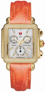 Michele Battery Operated Quartz Polished Yellow Gold Tone White Mother Of Pearl Diamond Dial Band Watch #MWW06P000125 (Women Watch)
