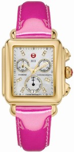 Michele Battery Operated Quartz Polished Yellow Gold Tone White Mother Of Pearl Diamond Dial Pink Patent Leather Band Watch #MWW06P000133 (Women Watch)