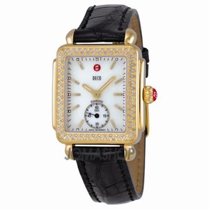 Michele Battery Operated Quartz Polished Yellow Gold Tone White Mother Of Pearl Dial Brown Alligator Leather Band Watch #MWW06V000018 (Women Watch)