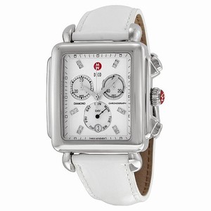 Michele Battery Operated Quartz Polished Stainless Steel Mother Of Pearl Diamond Dial Patent Leather White Band Watch #MWW06Z000011 (Women Watch)