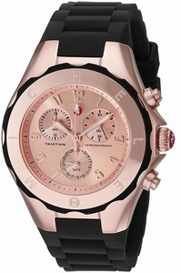 Michele Battery Operated Quartz Rose Gold Tone Rose Gold Sunray Dial Black Rubber Band Watch #MWW12F000035 (Women Watch)