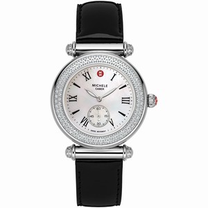 Michele Battery Operated Quartz Polished Stainless Steel White Mother Of Pearl Dial Black Patent Leather Band Watch #MWW16A000007 (Women Watch)