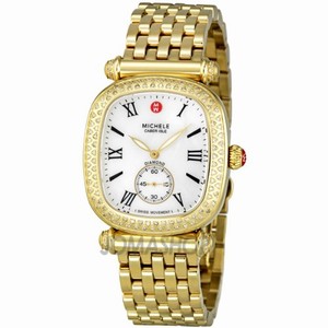 Michele Battery Operated Quartz Polished Yellow Gold Tone White Mother Of Pearl Dial Polished Yellow Gold Tone Band Watch #MWW16C000008 (Women Watch)