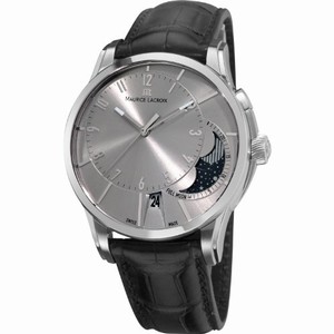 Maurice Lacroix Pontos Automatic Date Moon Phase Silver Dial Black Leather Watch #PT6318-SS001-130 (Men Watch)