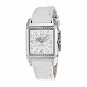 Jaeger LeCoultre Automatic Stainless Steel Black & Silver Dial Crocodile White Leather Band Watch #Q7058420 (Women Watch)