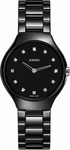Rado True Thinline Quartz Diamond Hour Markers Dial Black Ceramic Watch# R27742732 (Women Watch)