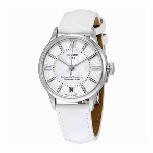 Tissot Chemin Des Tourelles White Mother of Pearl Diamond Dial White Leather Watch # T099.207.16.116.00 (Women Watch)
