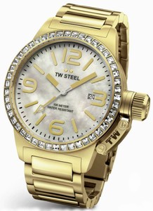 TW Steel Quartz Mother Of Pearl Dial Date Crystal Bezel PVD Plated Gold Tone Stainless Steel Watch #TW310 (Women Watch)