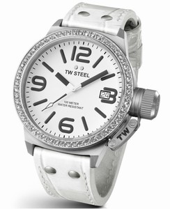 TW Steel Canteen Quartz White Dial Date Swarovski Crystal Bezel White Leather Watch # TW35 (Unisex Watch)