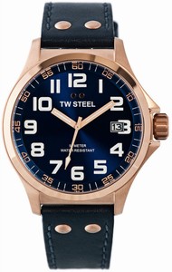 TW Steel Pilot Quartz Blue Dial Date PVD Rose Gold Tone Plated Bezel Blue Leather Watch #TW405 (Men Watch)
