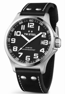 TW Steel Pilot Quartz Black Dial Date Black Leather Watch #TW408 (Men Watch)