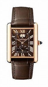 Cartier Manual Winding Calibre 9753 18k Rose Gold Rectangular Mettalic Chocolate With Sunray Finish, Date At 12 And Power Reserve Indicator At 6 Dial Brown Crocodile Leather Band Watch #W1560002 (Men Watch)