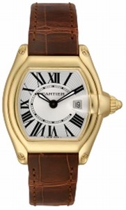 Cartier Battery Operated Quartz 18k Polished Gold Silver Dial With Sword Shaped Blue Hands Dial Brown Crocodile Leather Band Watch #W62018Y5 (Women Watch)