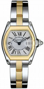 Cartier Calibre 688 Quartz 18k Yellow Gold And Stainless Steel Silver Sunray With Roman Numerals With Magnified Date At 3 Dial 18k Yellow Gold And Stainless Steel With Interchangeable Black Toile De Voile Band Watch #W62026Y4 (Women Watch)