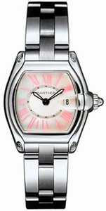 Cartier Calibre 688 Quartz Polished Stainless Steel Pink Mother Of Pearl Dial Brushed And Polished Stainless Steel And Interchangeable White Toile De Voile Band Watch #W6206006 (Women Watch)