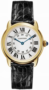 Cartier Quartz 18kt Yellow Gold Silver Opaline With Roman Numeral Hour Markers And Blued Steel Hands Dial Crocodile Black Leather Band Watch #W6700355 (Women Watch)