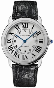Cartier Self Winding Automatic with Caliber Cartier 049 Polished Stainless Steel Silver Opaline With Roman Numeral Hour Markers And Blued Steel Hands Dial Black Crocodile Leather Strap Band Watch #W6701010 (Men Watch)