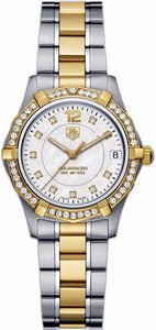 TAG Heuer Aquaracer Quartz White Mother of Pearl Diamond Dial Diamond Bezel Polished and Brushed Gold and Stainless Steel Watch #WAF1350.BB0820 (Women Watch)