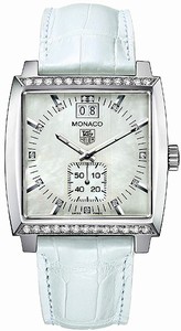 TAG Heuer Monaco Quartz Diamond Dial Diamond Bezel White Alligator Strap Watch #WAW1313.FC6247 (Women Watch)