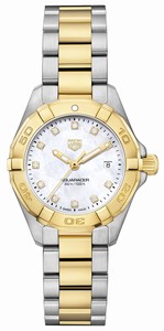 TAG Heuer Aquaracer Quartz Diamonds Hour Markers Date Dial 18k Gold Bezel Stainless Steel Watch# WBD1422.BB0321 (Women Watch)