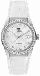 TAG Heuer Carrera Quartz Mother of Pearl Diamond Hour Markers Dial Diamond Bezel White Leather Watch# WBG1315.FC6412 (Women Watch)