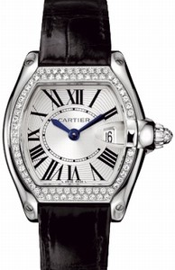 Cartier Swiss Calibre 157 Quartz Solid 18k White Gold, Polished Silver Roman Numeral With Blued Steel Hands Dial Black With An Additional Maroon Leather Band Watch #WE500260 (Women Watch)