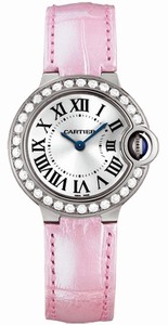 Cartier Battery Operated Quartz 18k White Gold Silver Dial With Sword Shaped Blue Hands Dial Pink Crocodile Leather Band Watch #WE900351 (Women Watch)