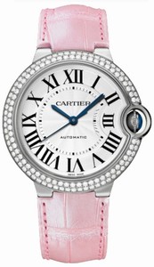 Cartier Automatic Caliber 076 18k White Gold Silver Dial With Sword Shaped Blue Hands Dial Pink Crocodile Leather Band Watch #WE900651 (Women Watch)
