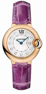 Cartier Calibre 057 Quartz 18kt Rose Gold Silver Opaline With Diamond Hour Markers Dial Purple Alligator Strap Band Watch #WE902050 (Women Watch)