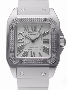 Cartier Self Winding Automatic Solid 18k Polished White Gold Silver Opaline With Roman Numeral Hour Markers Dial White Rubber Band Watch #WM50460M (Women Watch)