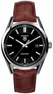 TAG Heuer Calibre 5 Automatic Polished Stainless Steel Black Dial Brown Crocodile Leather Band Watch #WV211B.FC6181 (Men Watch)